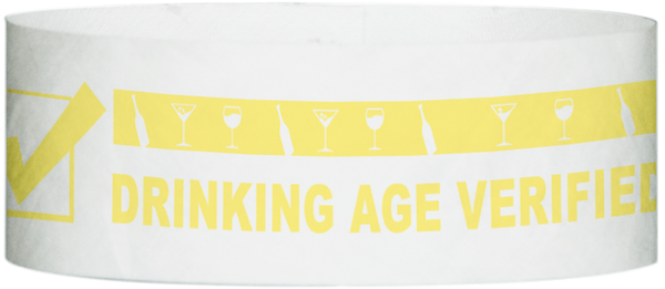 A Tyvek® 1" x 10"  Drinking Age Verified Yellow Glow wristband