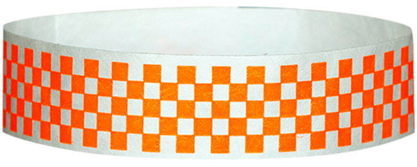 A Tyvek® 3/4" X 10" Checkerboard Neon Orange wristband