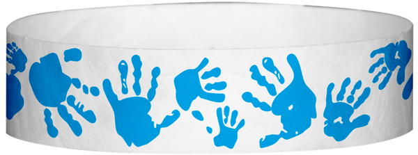 A Tyvek® 3/4" X 10" Hand Prints Light Blue wristband