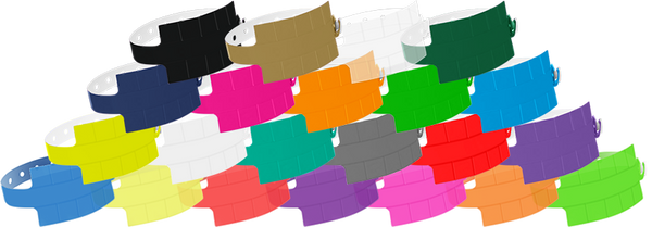 A Vinyl 1 1/4" x 9 1/4" Slim 10-Stub Snapped Solid wristbands